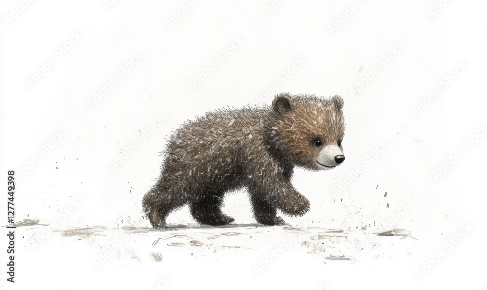 Obraz premium A playful bear cub running through a snowy landscape, with soft snowflakes falling around