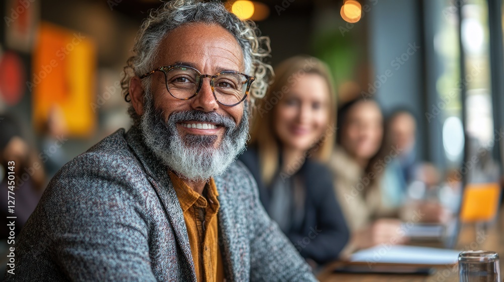 Smiling mature man with colleagues in cafe. Smiling mature man with colleagues in cafe.