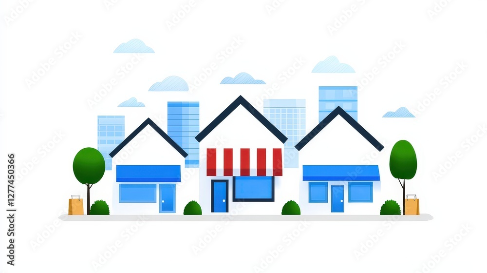 Row of colorful houses under a clear blue sky with fluffy white clouds in the background Row of colorful houses under a clear blue sky with fluffy white clouds in the background