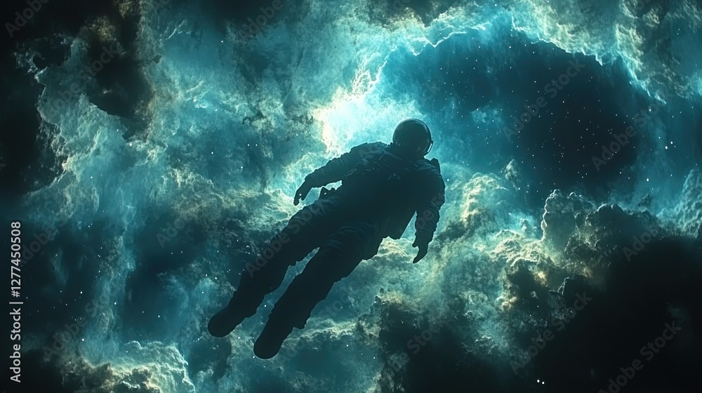 Astronaut floats in a vibrant nebula, a cosmic silhouette against swirling, glowing gases. Astronaut floats in a vibrant nebula, a cosmic silhouette against swirling, glowing gases.
