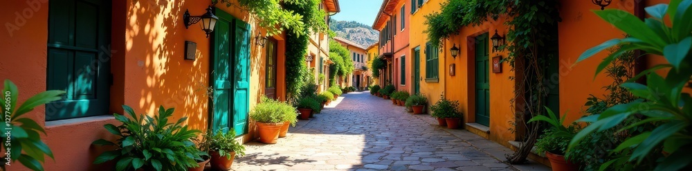 Fototapeta premium Shady, winding street, Valldemossa Traditional architecture , charming, Mediterranean, wall