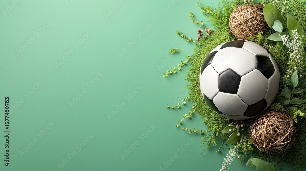 Fototapeta premium Soccer ball on green grass with copy space.