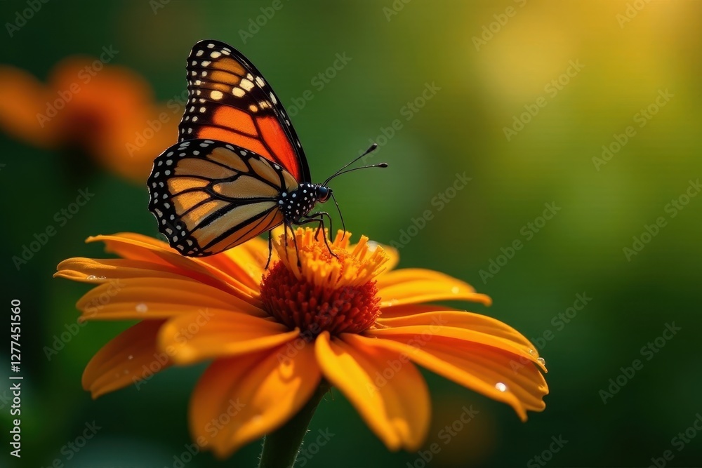 Monarch butterfly on bright orange coneflower, dew drops on petals , sun, monarch Monarch butterfly on bright orange coneflower, dew drops on petals , sun, monarch
