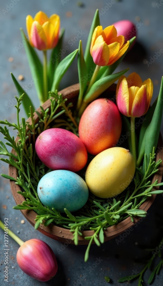 Vibrant dyed eggs nestled amongst tulips & greenery on grey concrete , seasonal, flowers Vibrant dyed eggs nestled amongst tulips & greenery on grey concrete , seasonal, flowers