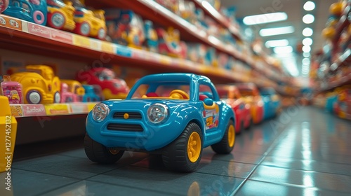 Colorful toy cars displayed in a vibrant store aisle, showcasing a variety of playful designs photo