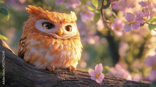 Cute orange owl perched on a tree branch amidst blooming pink flowers at sunset. photo