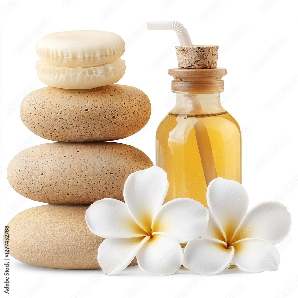 Spa Essentials with Stones, Flowers, Macarons, and Aromatic Oil, Spa and massage shop equipment and tools concept. Spa Essentials with Stones, Flowers, Macarons, and Aromatic Oil, Spa and massage shop equipment and tools concept.