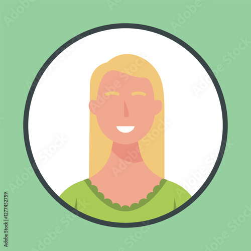 long blonde hair woman in circle frame with outline flat vector design.