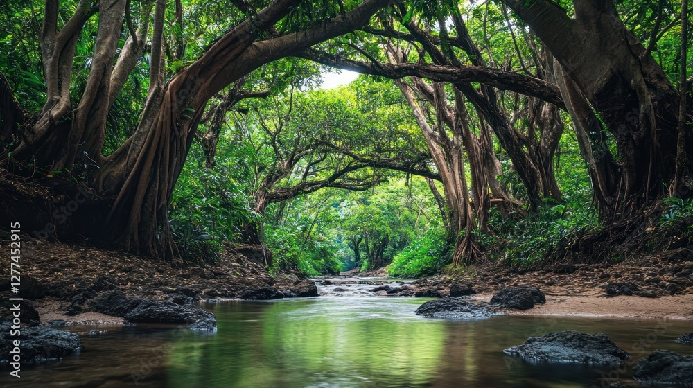 Fototapeta premium Serene Jungle Stream: Tranquil Waters Flowing Through Lush Canopy