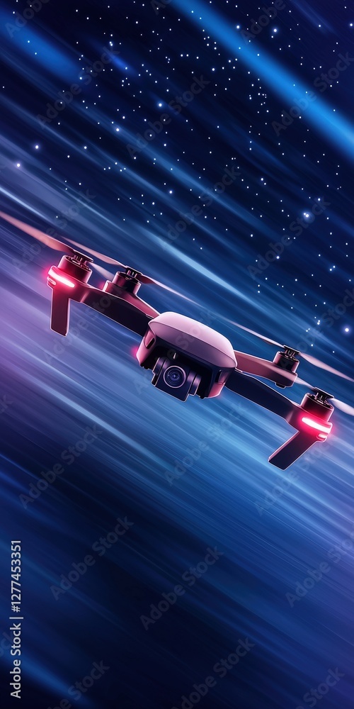 Naklejka premium Impressive large white drone flying gracefully through the dark night sky