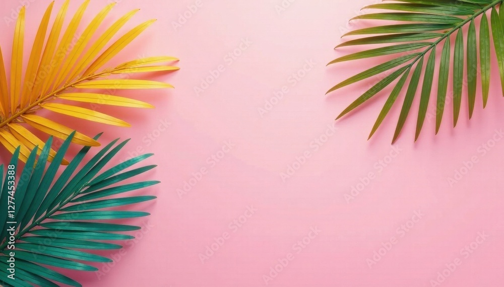 Pastel pink backdrop with colorful palm leaves, sunny tropical scene , summertime, pastel, artwork Pastel pink backdrop with colorful palm leaves, sunny tropical scene , summertime, pastel, artwork