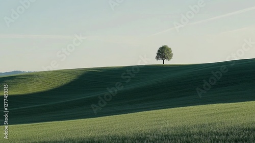Video generation of a rolling green hill with a solitary tree in the middle of the field. Featuring calm and solitude