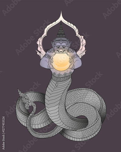Traditional Thai Mythical Serpent and Giant Guardian Line Art.