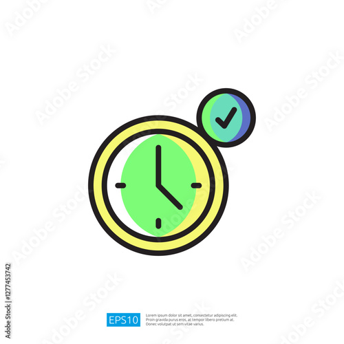 Modern Icon of a Clock with Check Mark Symbolizing Time Management and Efficiency in a Graphic Design Style