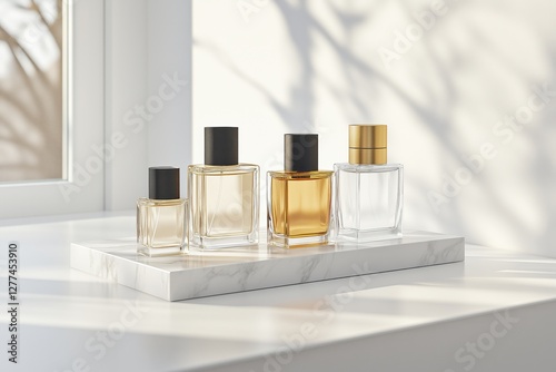  Elegant perfume bottles arranged on a white marble surface with soft lighting, creating a sophisticated and refined atmosphere