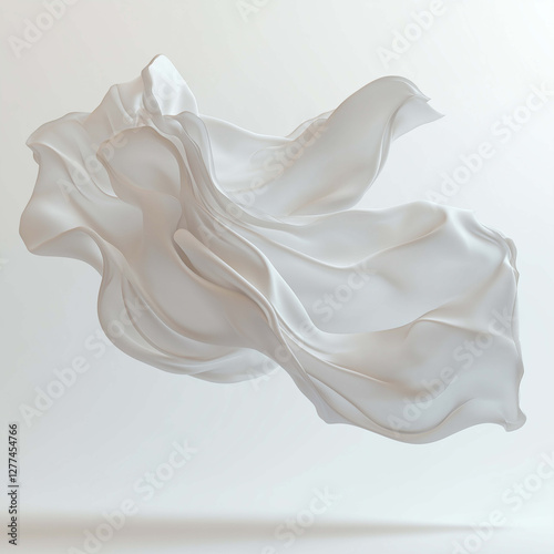 Floating white fabric creates ethereal and delicate atmosphere, showcasing smooth textures and graceful movement. soft drapery enhances sense of lightness and elegance
