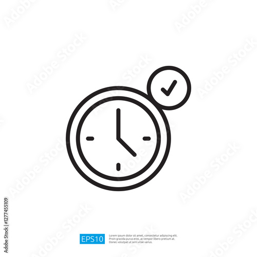 Icon of a Round Clock with a Checkmark Indicating Time Management and Scheduling Success in Minimalist Design