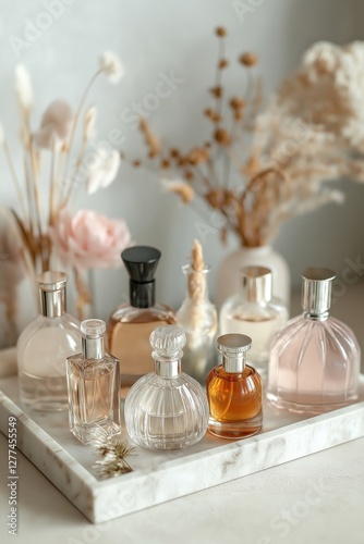 A collection of perfume bottles displayed elegantly with a soft background, showcasing their unique designs and colors