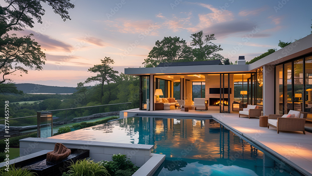 Fototapeta premium Stunning Modern Dream House with Infinity Pool and Scenic ViewsModern Luxury Villa with Infinity Pool and Stunning Sunset Views