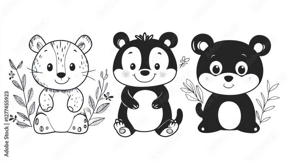 Cute cartoon animal illustrations, black and white. Three adorable baby animals, a tiger, bear, and a bear, outlined against a simple floral design. Cute cartoon animal illustrations, black and white. Three adorable baby animals, a tiger, bear, and a bear, outlined against a simple floral design.