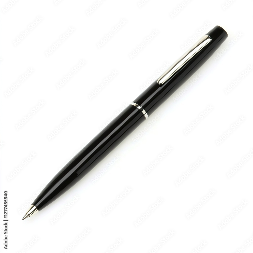 Elegant Black Pen on White Background for Office and Business Use, Office Supplies Concept. Elegant Black Pen on White Background for Office and Business Use, Office Supplies Concept.
