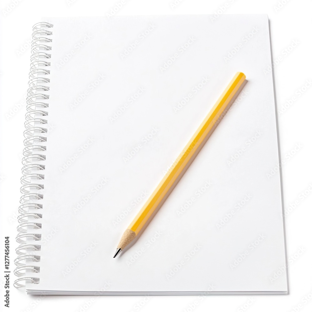 Blank Spiral Notebook and Yellow Pencil on White Background, Office Supplies Concept. Blank Spiral Notebook and Yellow Pencil on White Background, Office Supplies Concept.