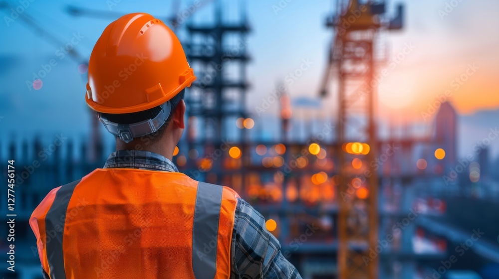Visionary Construction: A construction worker, dressed in high-visibility attire and a hard hat, surveys the expansive construction site, illuminated by the soft glow of dusk. Visionary Construction: A construction worker, dressed in high-visibility attire and a hard hat, surveys the expansive construction site, illuminated by the soft glow of dusk.