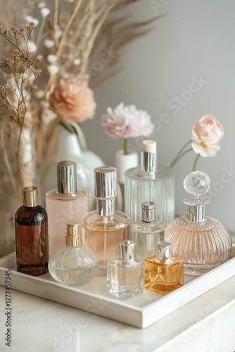 An elegant perfume display with a variety of bottles on a marble tray, featuring soft natural light and delicate accents photo