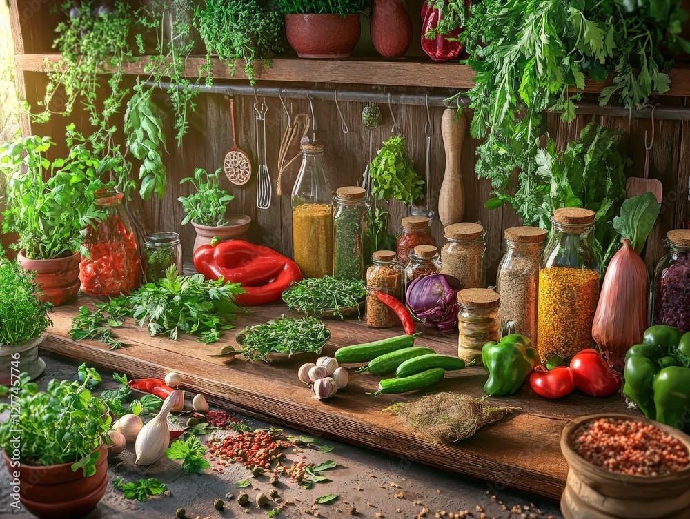 Fototapeta premium Fresh herbs and vegetables displayed on wooden table rustic kitchen setting food photography vibrant scene close-up perspective