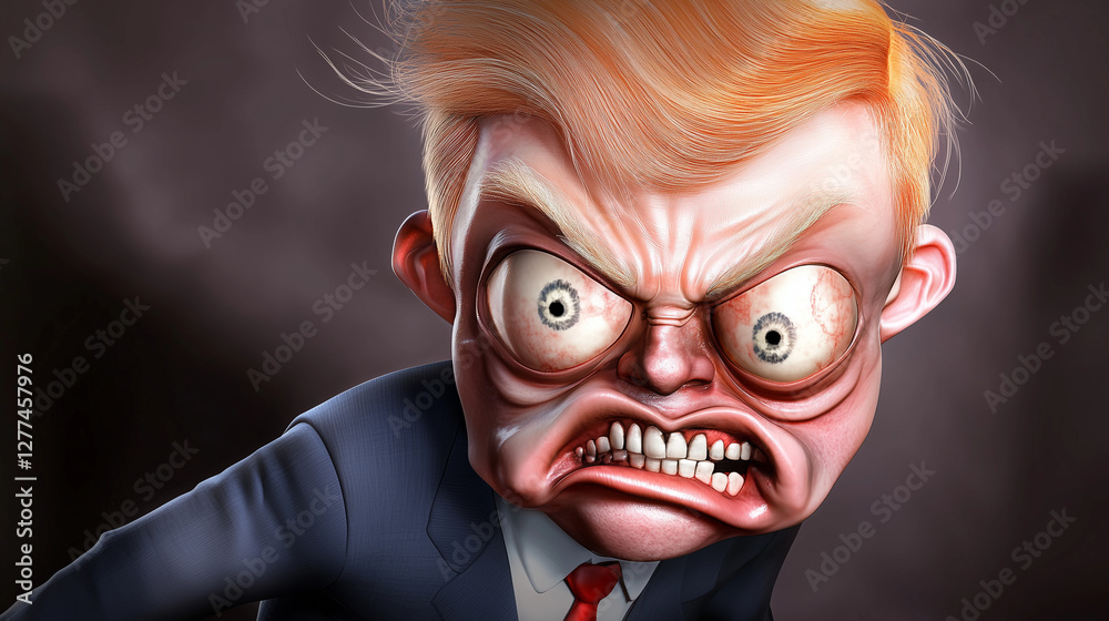 Funny digital caricature of an angry capitalist leader in a suit, with over-the-top features highlighting greed and power, in a satirical, dramatic, and humorous artwork mocking corporate ambition Funny digital caricature of an angry capitalist leader in a suit, with over-the-top features highlighting greed and power, in a satirical, dramatic, and humorous artwork mocking corporate ambition