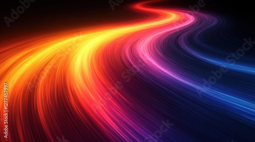 Abstract colorful light trails forming a dynamic, curved path on a black background.