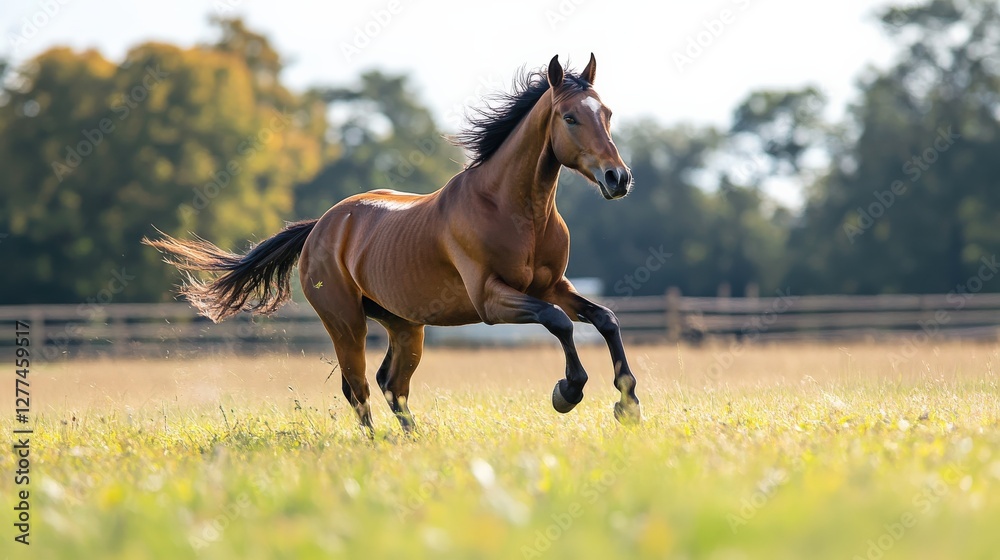 Fototapeta premium Galloping horse in a vibrant meadow outdoor nature scene captured in bright daylight freedom and joy