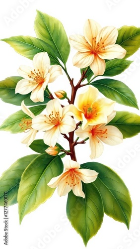 a detailed illustration of a flowering branch with white and light orange flowers, surrounded by green leaves, on a white background.