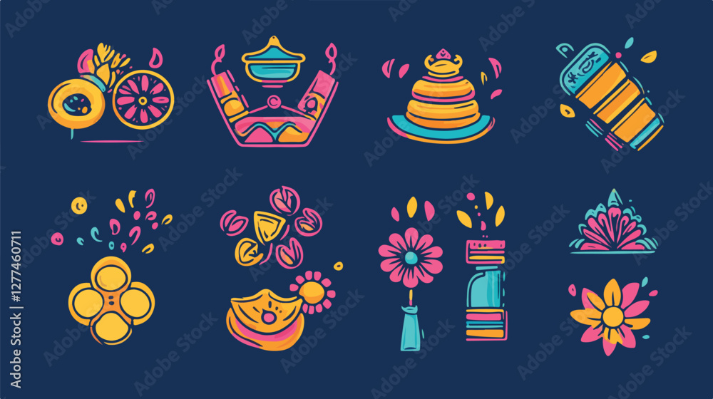 Fototapeta premium Icon Set of Holi Colorful Sweets and Water Guns, Holi