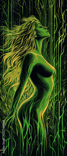 Woman with long hair is standing in a green forest. The woman is naked and she is in a trance