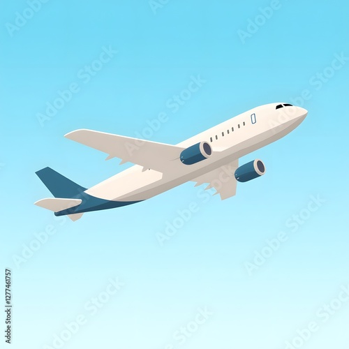 Commercial airplane flying in clear blue sky with minimalist design
