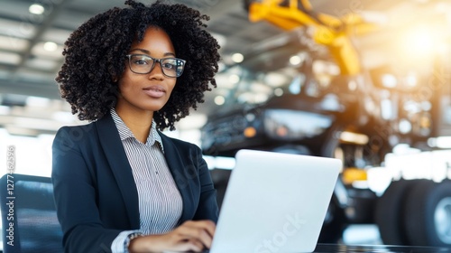 Empowered Woman at Work: An inspiring African-American woman sits in an industrial setting, focused intently on her laptop. She represents strength, capability. photo