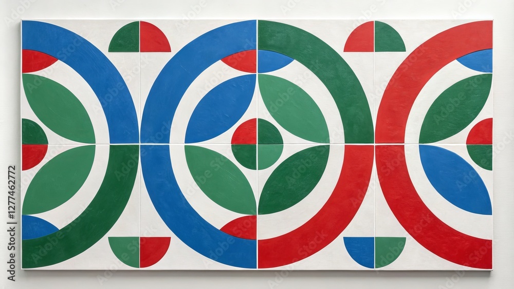 Obraz premium Curvilinear Abstract Composition Red, Blue, Green Geometric Forms on White, Abstract Art, Geometric Pattern Abstract art, geometric painting