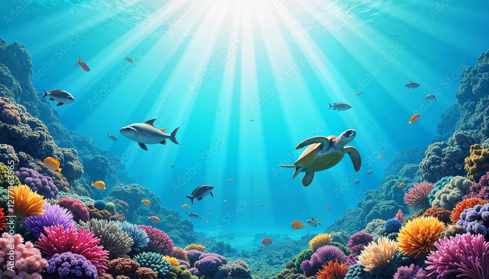 Naklejka premium Vibrant underwater scene with sea turtles and tropical fish, ocean beauty, Hawaii