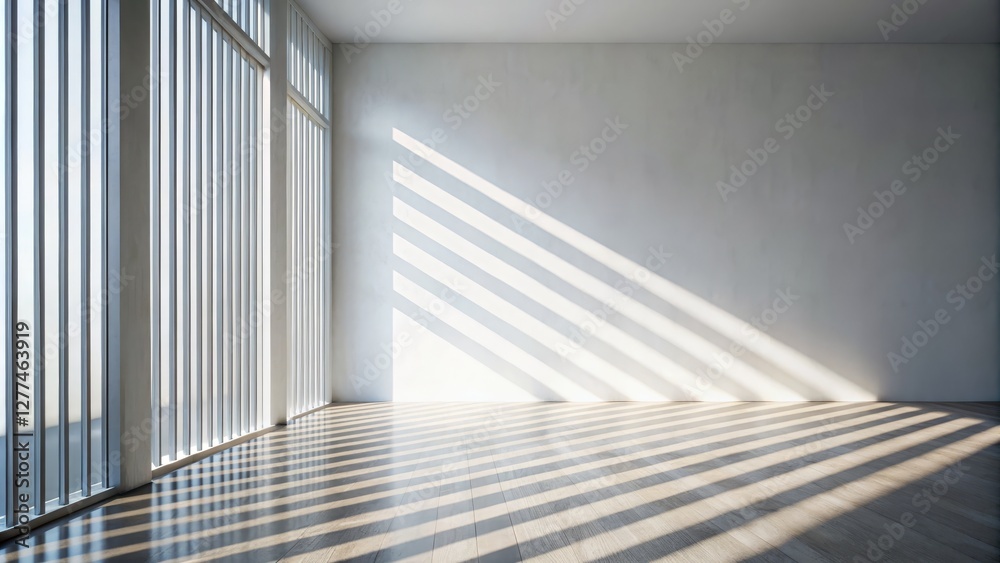 Naklejka premium Minimalist Interior Sunlit Room with Wooden Floor and Window, Composition, Light and Shadow, Architecture, Interior Design Interior design, sunlight