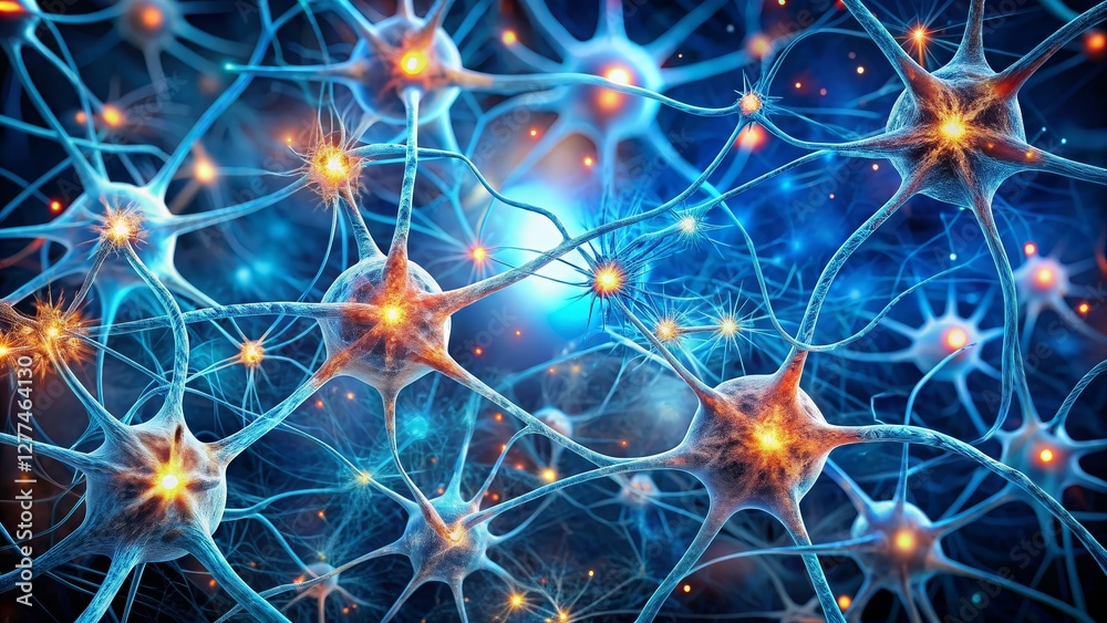 Neural Network 3D Render, Blue and Orange Hues, Synaptic Connections, Neuroscience, Neuron Neuroscience, Neuron Communication Neural Network 3D Render, Blue and Orange Hues, Synaptic Connections, Neuroscience, Neuron Neuroscience, Neuron Communication