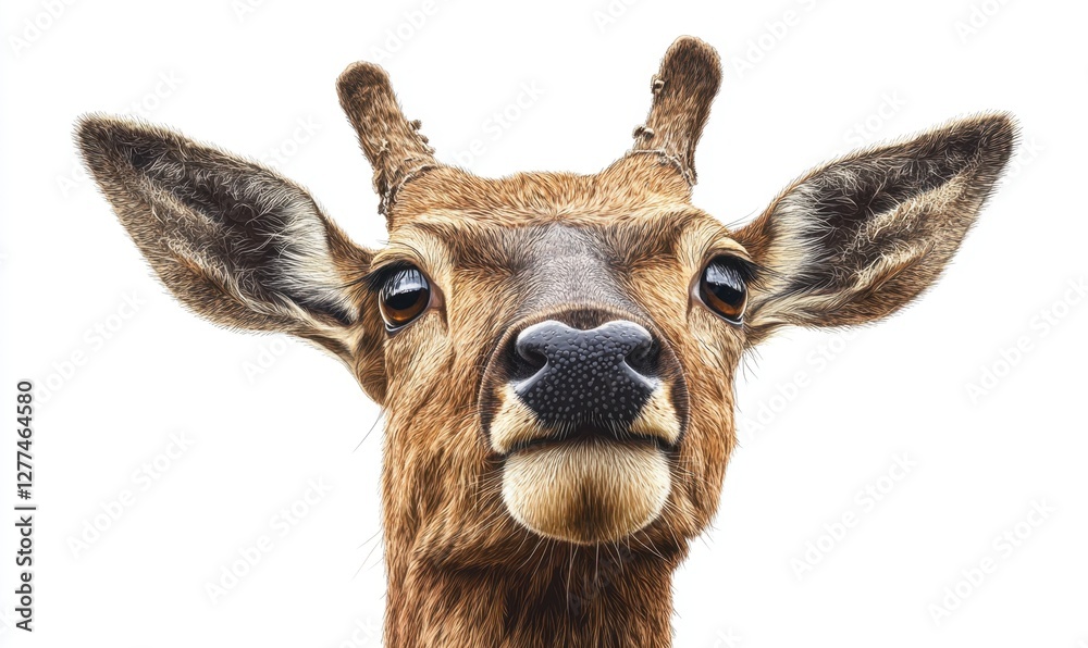 Obraz premium Close-up portrait of a deer showcasing its expressive features against a white background
