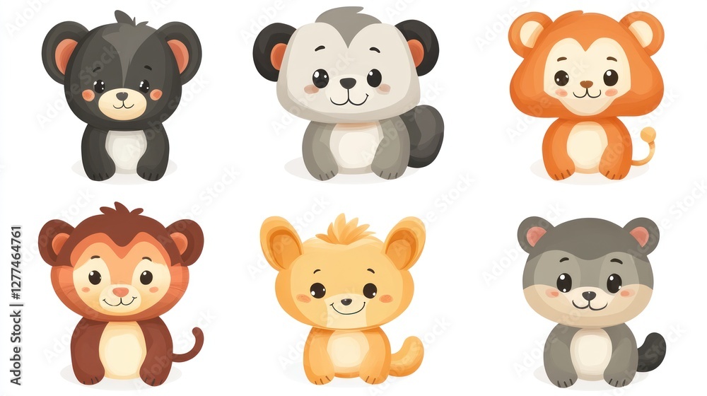 Cute cartoon animal illustrations, set of six adorable baby animals sitting in various poses, with big eyes and friendly expressions. Cute cartoon animal illustrations, set of six adorable baby animals sitting in various poses, with big eyes and friendly expressions.