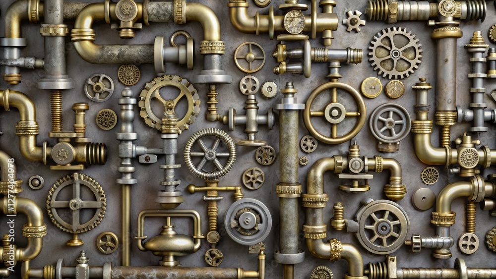 Fototapeta premium Steampunk Collage Gold and Silver Pipes, Gears, and Industrial Design, steampunk, industrial design