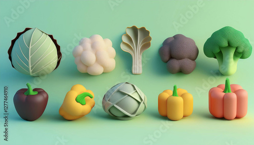 Vegetables Broccoli Cabbage Bell peppers Cauliflower arrange on light green background flay lay 3D object colorful Cartoon Illustration