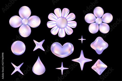 3d Chrome Hearts, Stars, Daisy Flowers, in Y2K style isolated on black. Future galaxy aesthetic,3D chrome bubble art. Metal glossy sticker set.