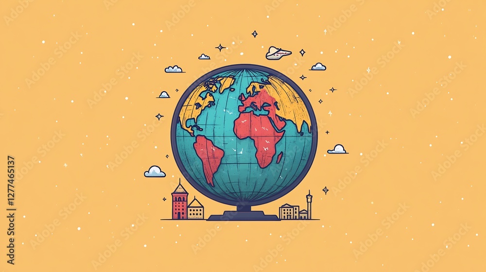 Naklejka premium Sleek vector illustration of a globe with travel icons suitable for travel agency branding