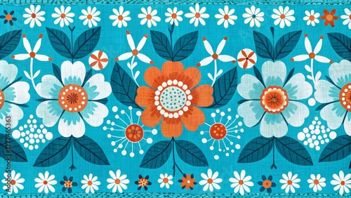 Teal Floral Textile Design Horizontal Composition, Orange and White Flowers, Mid-Century Modern Concept Floral textile, mid century modern