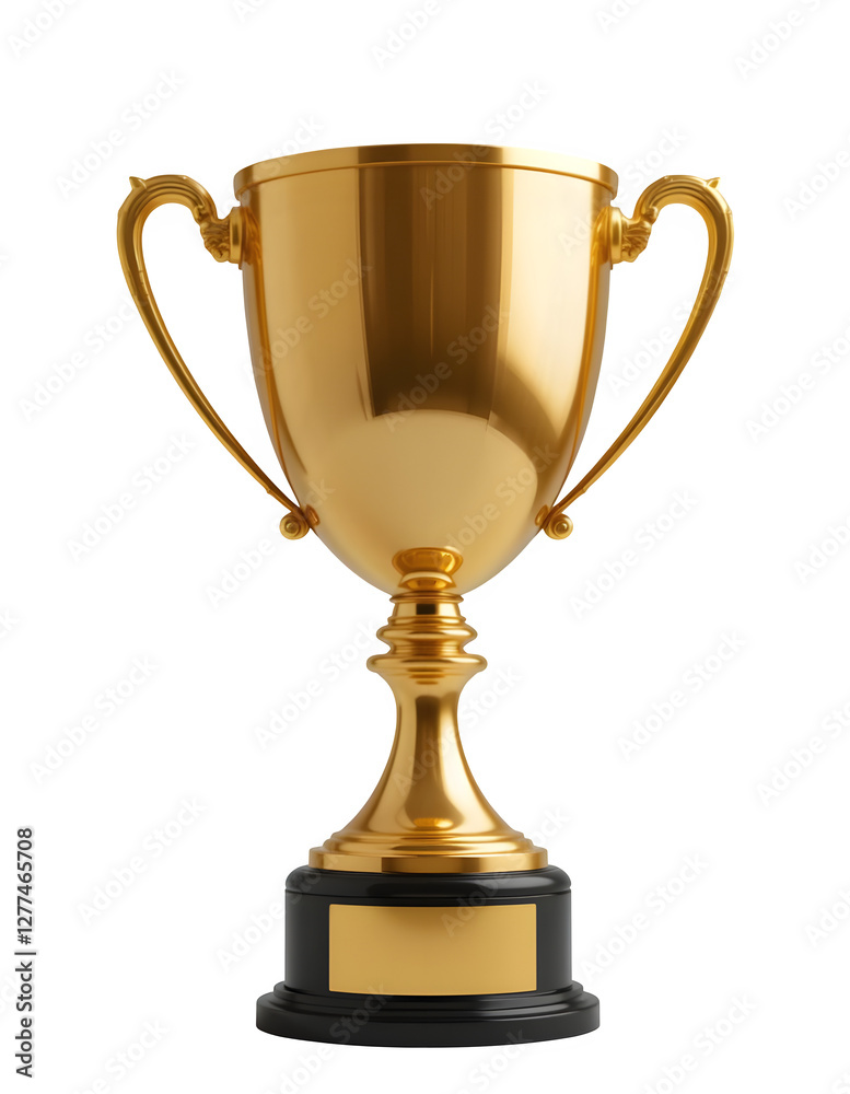 Isolated on a white background, a gleaming golden trophy cup shines brightly. It embodies the essence of a sports tournament award, celebrating the triumph of the winner. 3D rendered image