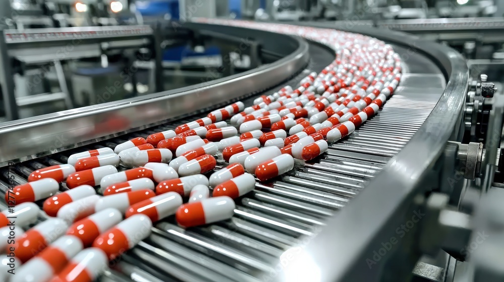 Obraz premium Red and White Capsules Moving on a Conveyor Belt in a Pharmaceutical Factory